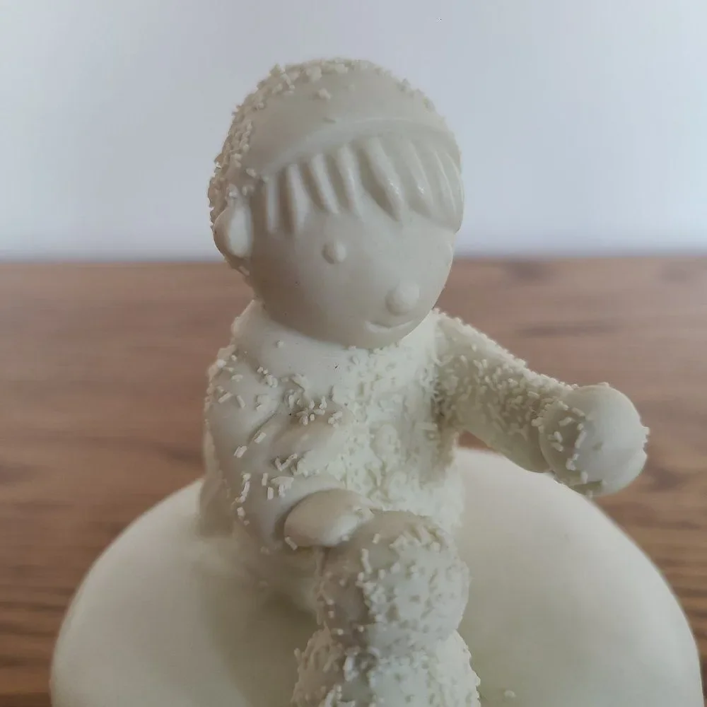 Porcelain Bisque Holiday Christmas Music Box Boy Building Snowman 